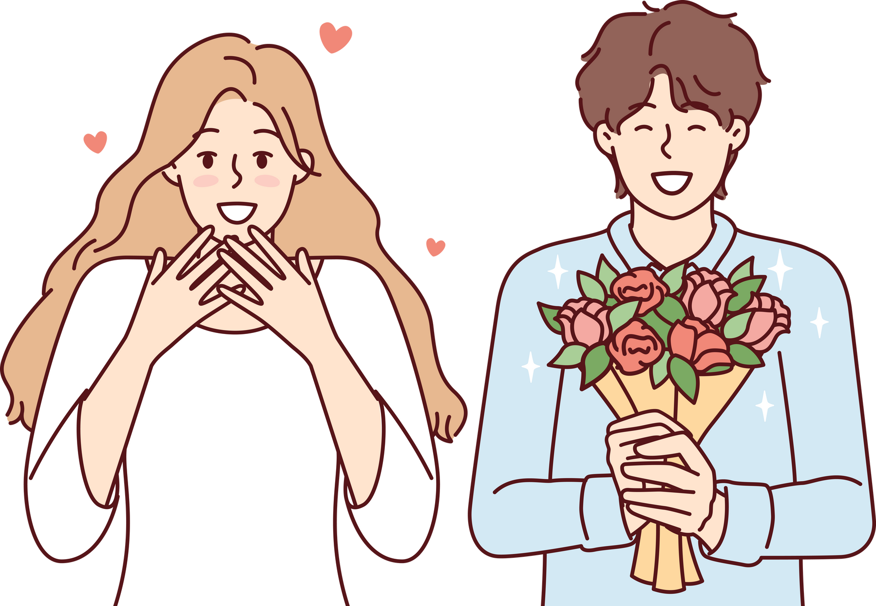 Romantic Man Holding Flowers and Happy Woman Delighted with Gift from Boyfriend. Vector Image