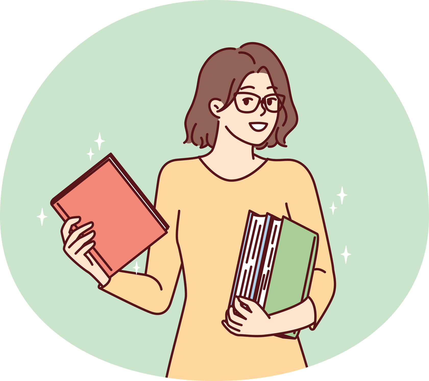 Smart Young Woman Stands Holds Several Books in Hands Choosing Literature for Reading. Vector Image