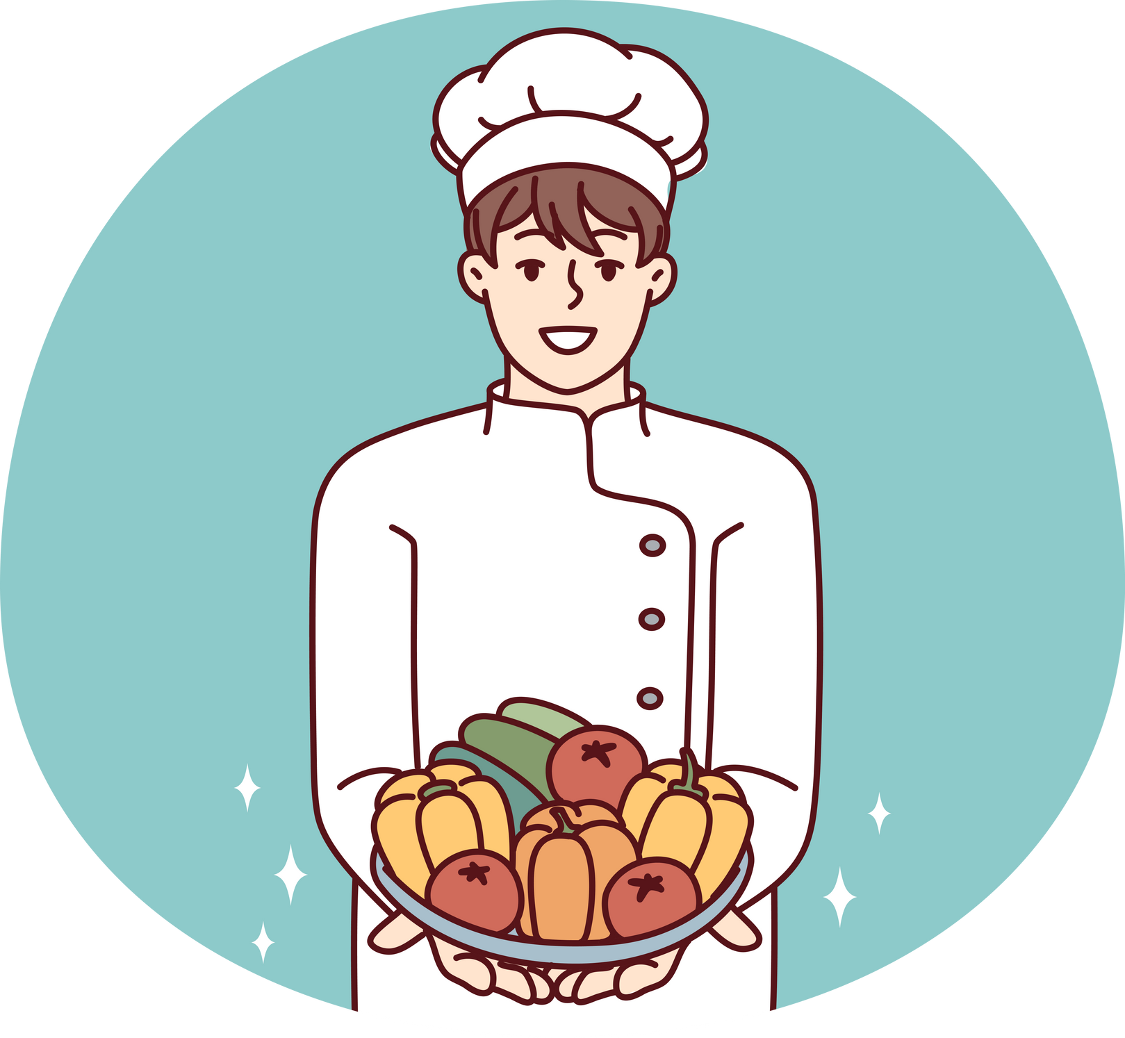 Man Restaurant Chef Holds Plate with Fresh Vegetables Offering to Make Vegetable Salad. Vector Image